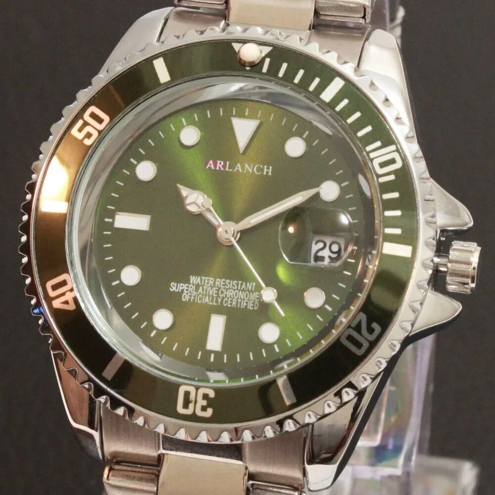 Men's Diver Style Watch Green Uni-directional Bezel Stainless Bracelet 40mm